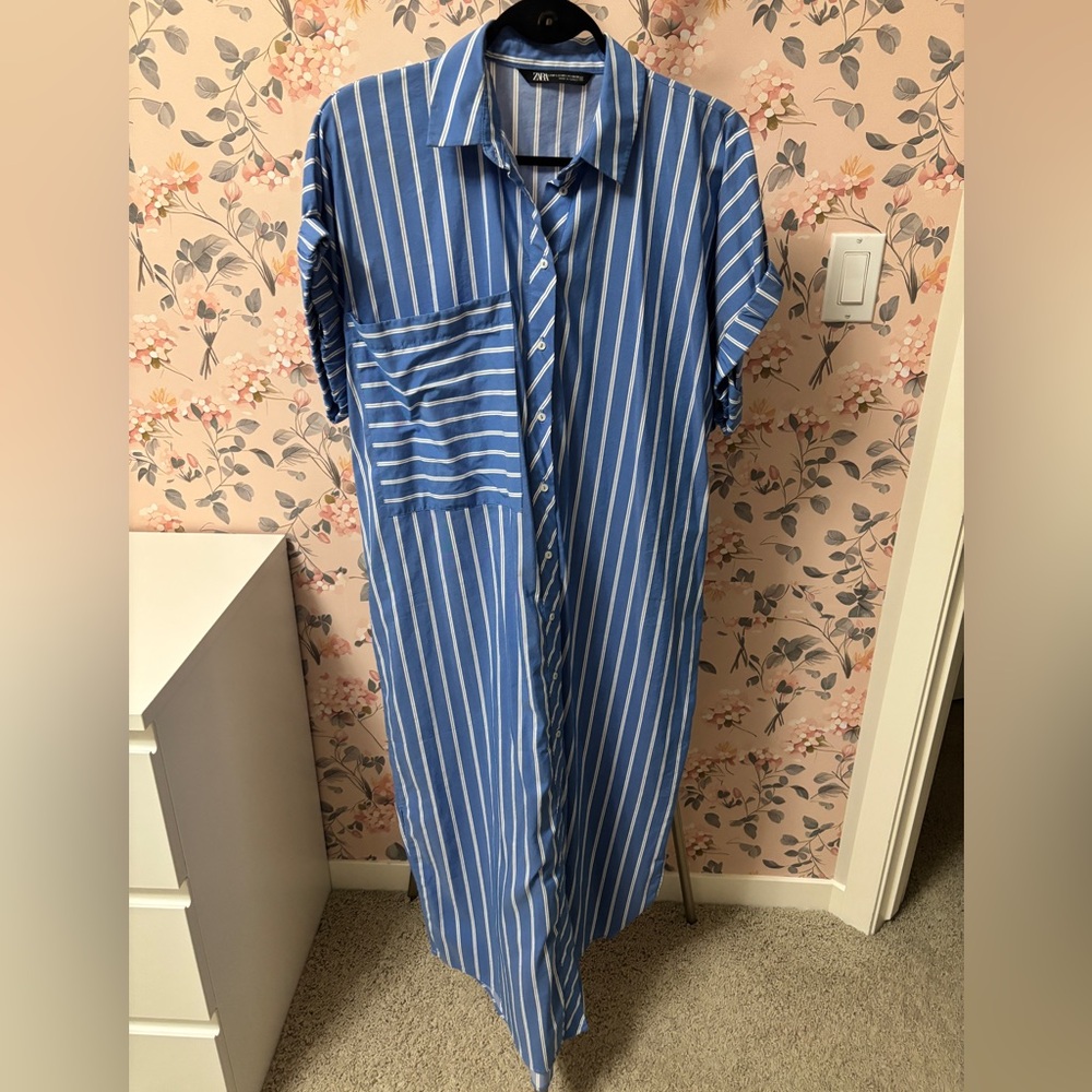 Zara Blue and White Striped Button-Up Shirt Dress